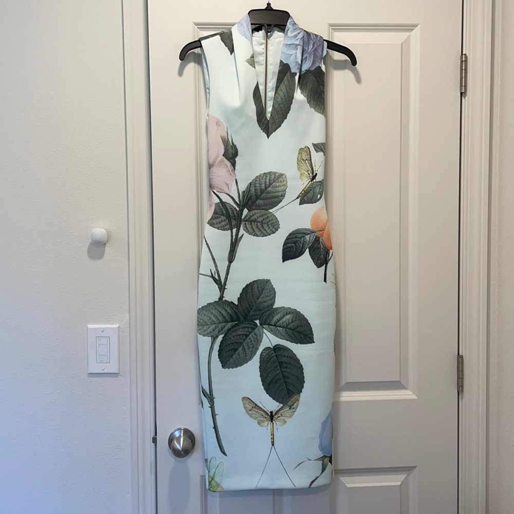 Ted Baker Pale Blue Floral Midi Dress with Green Leaves and Pastel Blooms
